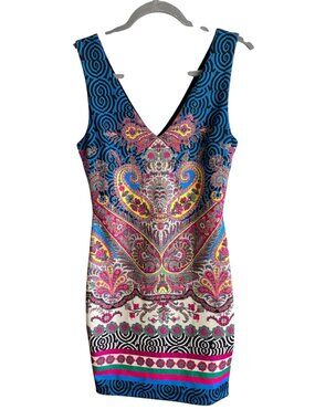 Bebe Multicolor V-Neck Sleeveless Paisley Print Mini Dress XS Made In USA